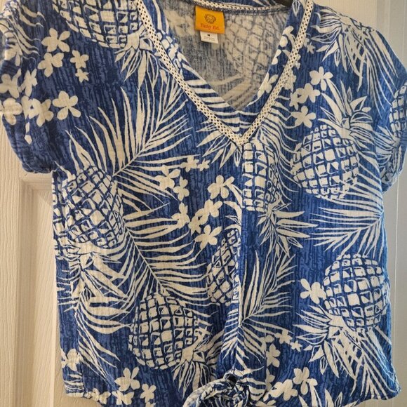 Ruby Boho Vacay tropical 100% cotton Vacay Cruise blue white shirt tie front M - Picture 7 of 7